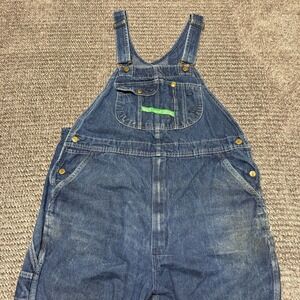 VTG KEY Mens Bib Overalls 42x31 Blue Denim Workwear Carpenter Faded Distressed